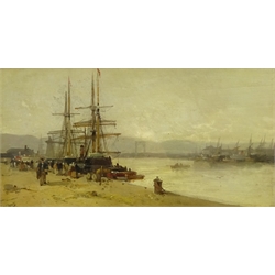  James Vivien De Fleury (British 1847-1902): Sailing Boats by the Quayside, oil on mahogany panel signed 20cm x 39cm  