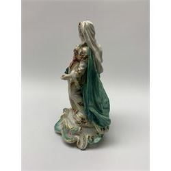 18th Century Derby porcelain figure, modelled as Juno stood with peacock at her feet, upon a gilt detailed scrolling base, with patch marks beneath, H18.5cm