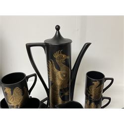 Portmeirion Phoenix pattern coffee set for six by John Cuffley, comprising coffee pot, milk jug, open sucrier, coffee cans and saucers and dessert plates 