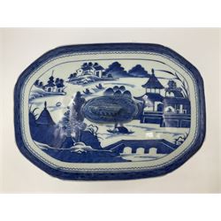 Late 18th/early 19th century Chinese export blue and white porcelain tureen and cover, of oblong form with short foot and animal mask handles, decorated to the sides and cover with a riverside landscape set with pagodas, islands, bridge and figures, H20.5cm W29.5cm