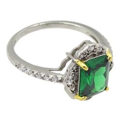Silver green stone and cubic zirconia cluster ring, with stone set shoulders, stamped 925 