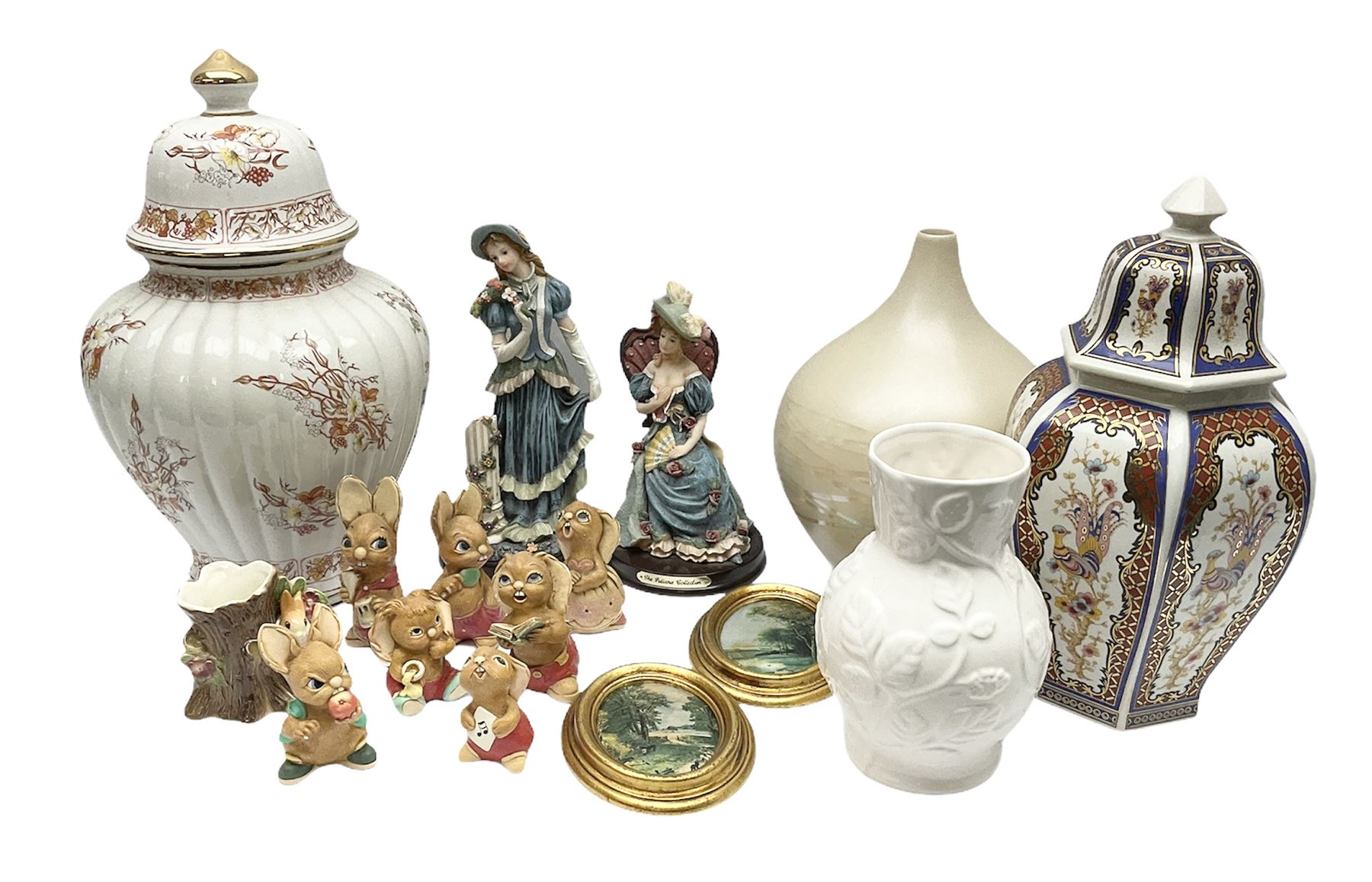Two Juliana Collection resin figures, Hornsea Fauna Royal vase, seven Pendefin figures, large Italian decorative urn marked 'Carraresi V.V. Calenzano Firenze dec Liberty' beneath, etc.  