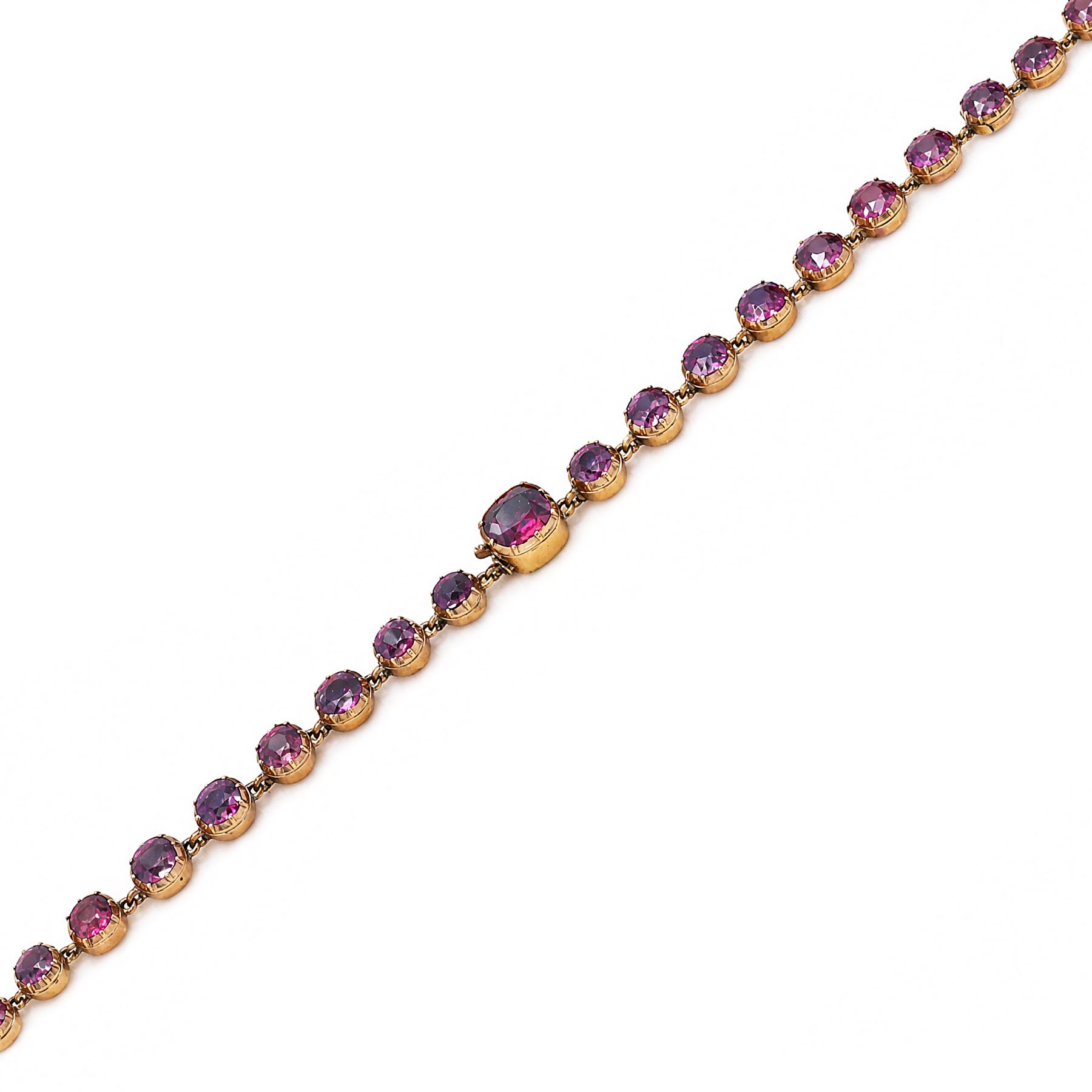 19th century gold garnet rivière necklace, set with forty-four graduating cushion cut rhodolite garnets (possibly doublets), in a velvet and silk lined case by Ollivant & Botsford, Manchester