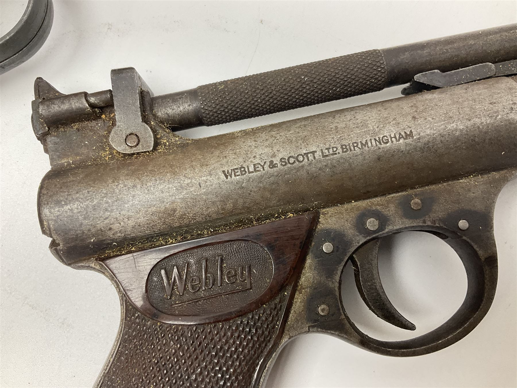 Webley & Scott Premier .177 over lever air pistol, no.2360, with chequered bakelite grip L24cm overall; Diana SP50 .177 plunge barrel air pistol; and T.J. Harrington & Son 'The Gat' .177 plunge barrel air pistol; NB: AGE RESTRICTIONS APPLY TO THE PURCHASE OF THIS LOT (3)