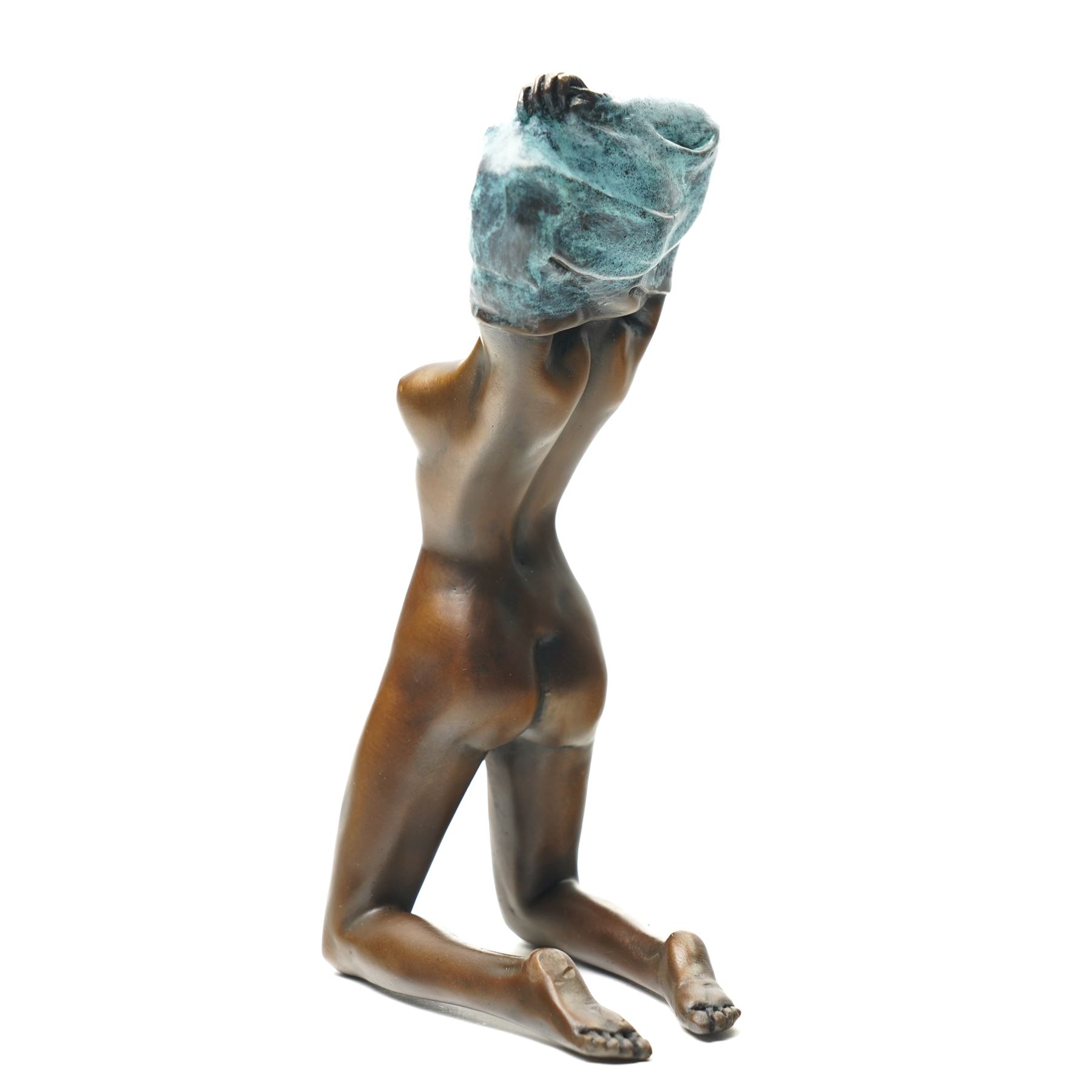 Bronze figure, modelled as a nude woman removing her shirt, signed Milo, H17cm