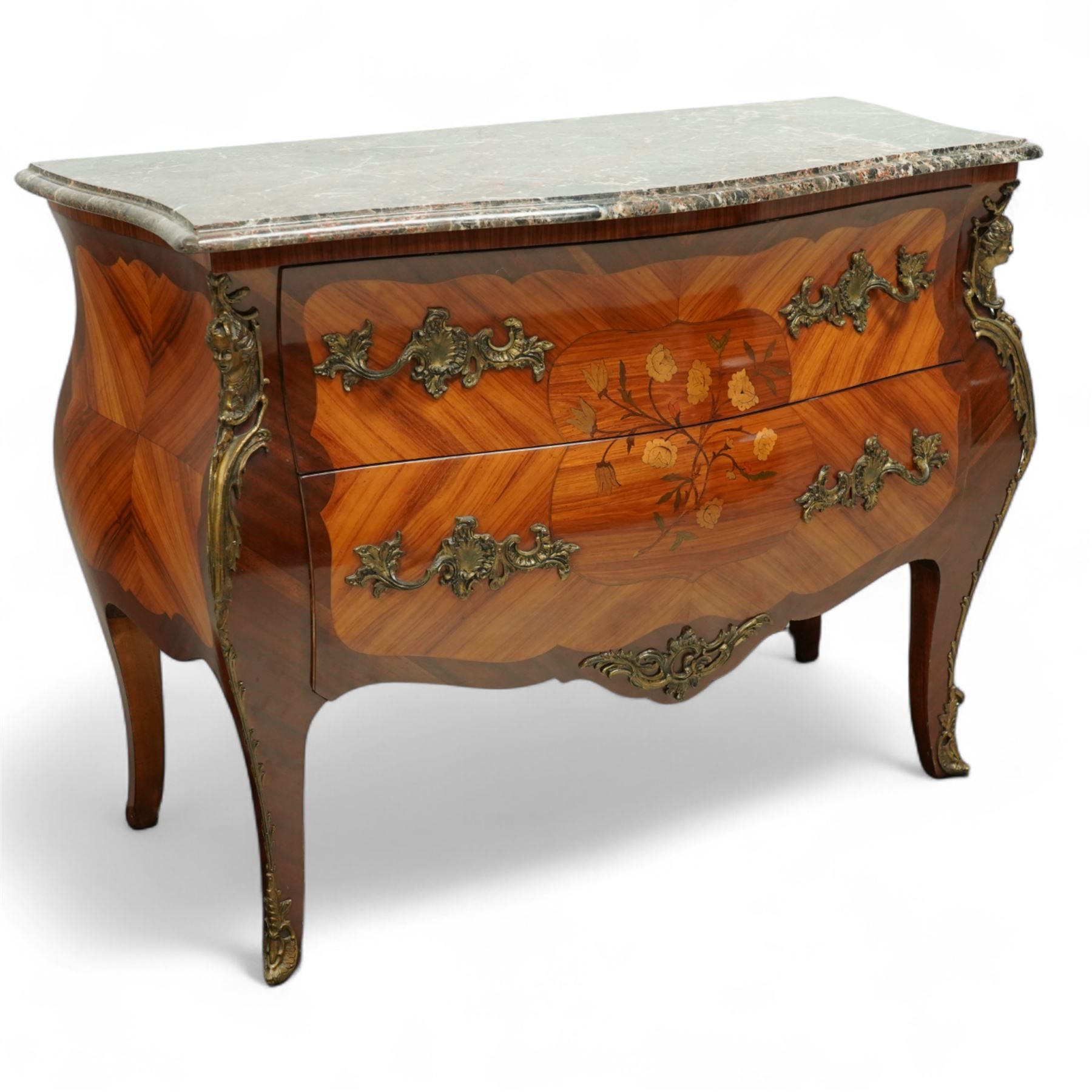 French Louis XV revival bombe commode, early 20th century, with variegated marble top above two drawers inlaid with floral marquetry, gilt metal rococo handles and mounts, kingwood and tulipwood veneers laid in chevron and quartered patterns, on cabriole supports with gilt sabots