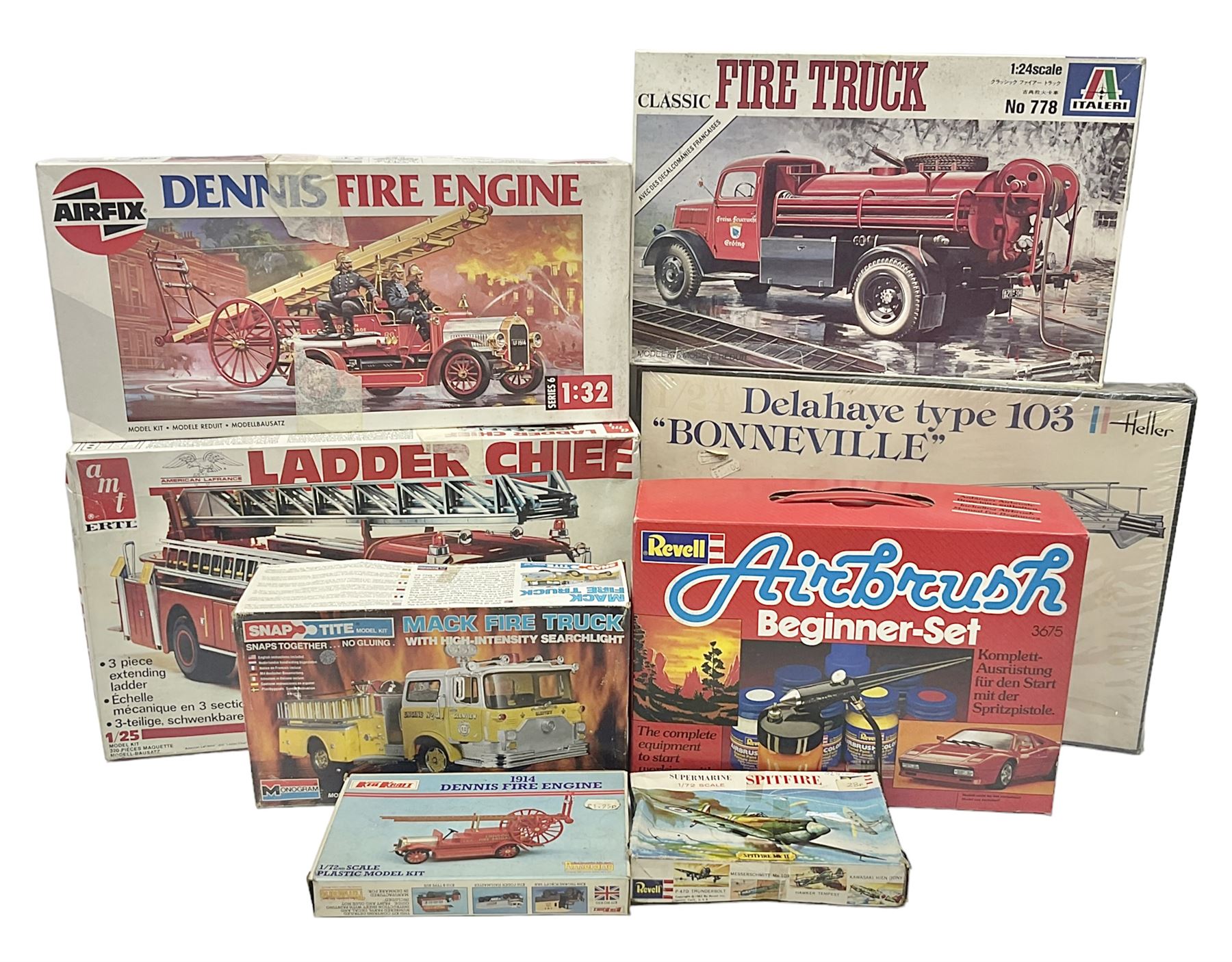 Seven scale model assembly kits to include Airfix, Heller, Italeri etc in one box