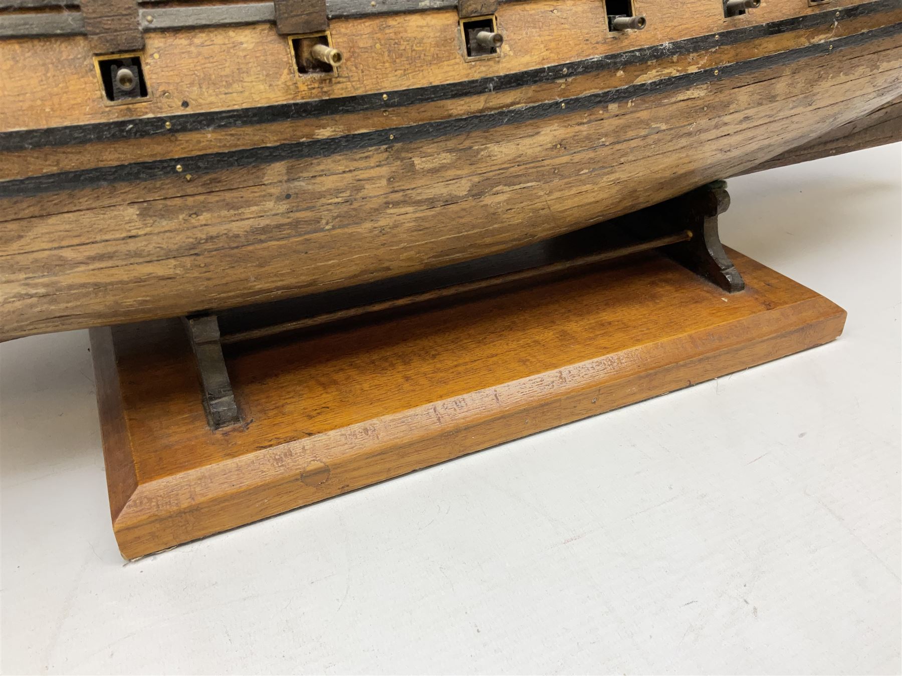 Wooden model of the three mast sailing ship with full rigging, on a wooden display base, H95cm, L110cm