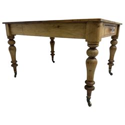  Victorian pine farmhouse kitchen dining table, rectangular top, fitted with single drawer, raised on turned supports with castors