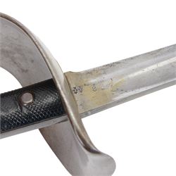 British 17th Lancers, Duke of Cambridge Own, 1899 cavalry sword, with L83cm single-edged slightly curved blade, top of blade etched '30E', broad sheet steel bowl hilt with chequered black leather grip scales, the steel two ring scabbard engraved 2/09 O.T.C , overall L104cm