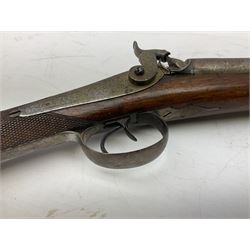 19th century 13-bore double barrel side-by-side percussion cap shotgun, the 72cm stub twist damascus barrels with ramrod under, walnut stock with chequered grip L117.5cm overall
