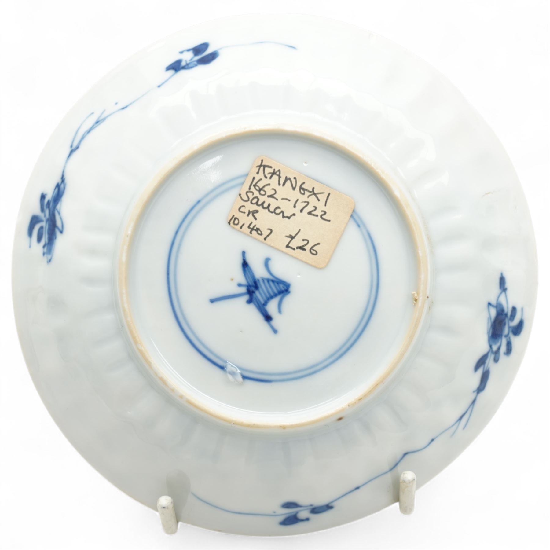 Set of six Chinese blue and white saucers, mostly Kangxi period, comprising matching pair decorated with insects and birds, example with painted lions and tigers, four bearing blue painted 'lingzhi' fungus mark to base, the others unmarked (6)