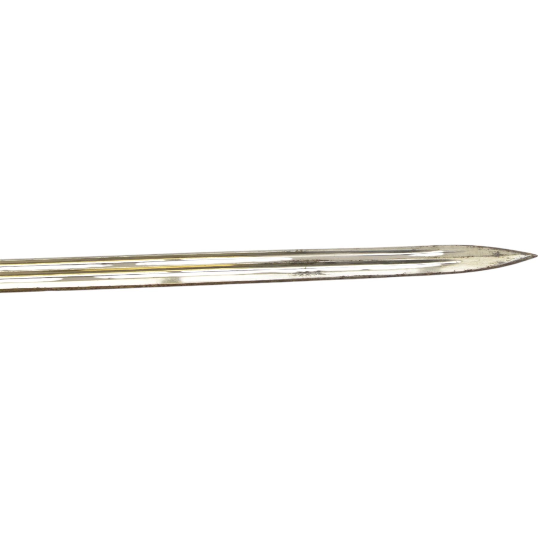 Prussian Cavalry sword Model 1889, with 77cm single edge blade, the folding guard incorporating the Imperial Prussian eagle, stirrup knuckle bow,  in black painted steel scabbard with single suspension ring, overall L94cm 