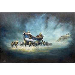 Dean Regan (Northern British 1960-): The Launching of the Robert and Mary Ellis Lifeboat at Whitby circa 1890, oil on canvas signed 75cm x 111cm 