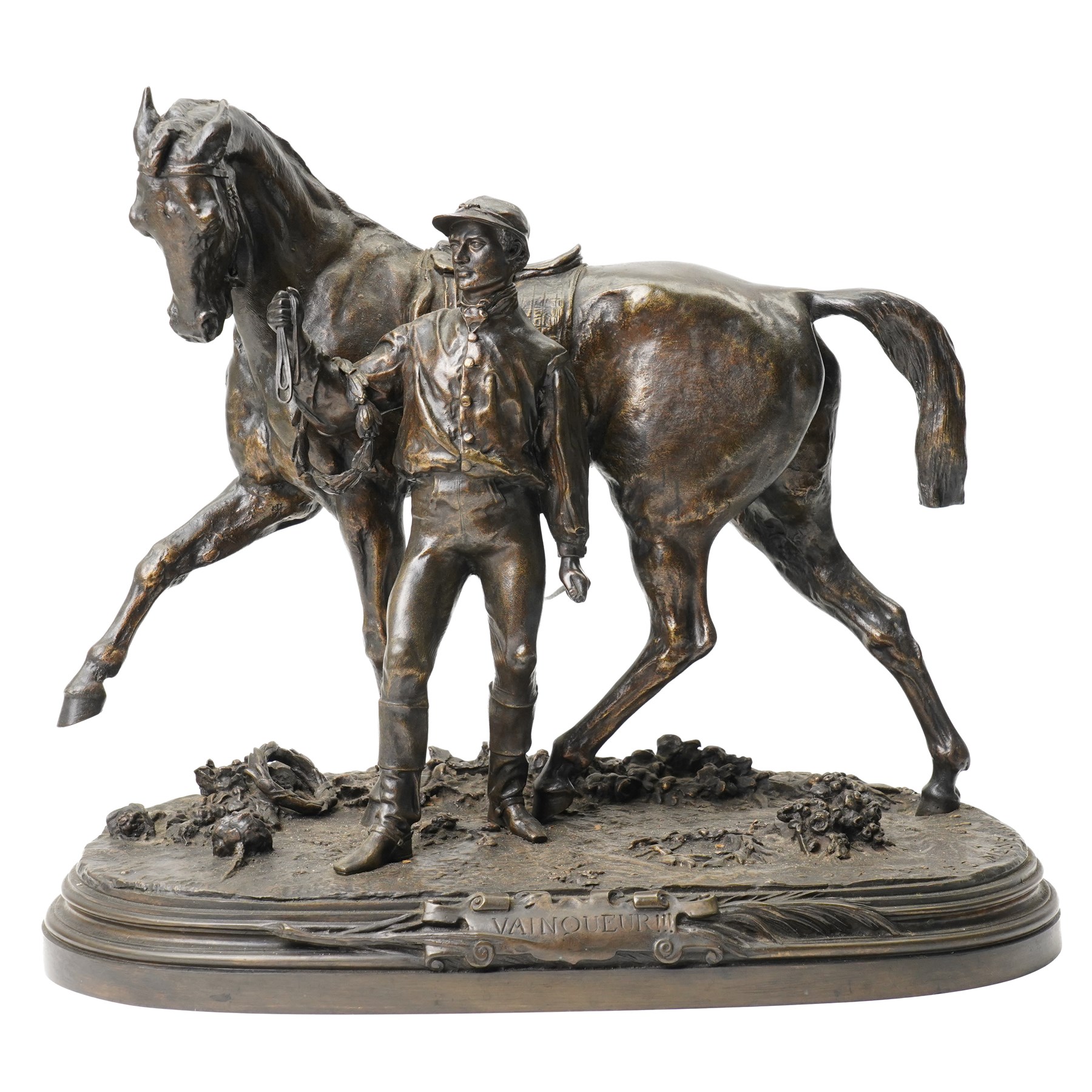After Pierre Jules Mene (French 1810-1879): Vainqueur!!!, bronze equestrian group of a Derby jockey leading his horse on naturalistic moulded oval base, titled signed and dated 1866, H37cm W43cm