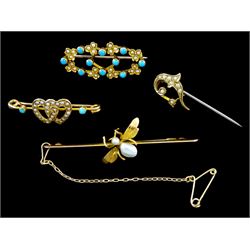 Early 20th century 15ct gold turquoise and seed pearl brooch, two 9ct gold brooches including pearl insect brooch and double heart brooch and a 9ct gold seed pearl pin