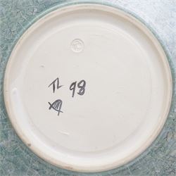 Tony Laverick (1961-); Charger painted with crossing horizontal and vertical lines of marbled blue and orange, the base signed with initials and dated '98, D42.5cm and a smaller bowl, signed with initials and dated '99, D26cm (2)