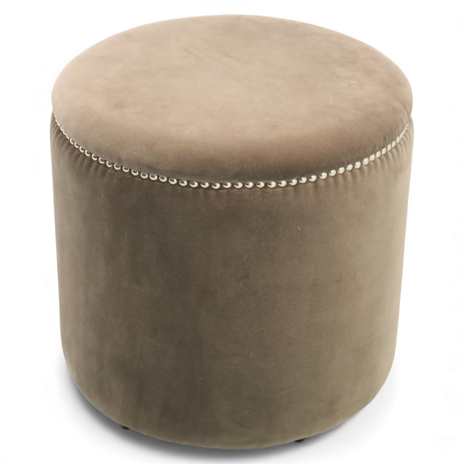 Oka - Costellina circular ottoman stool upholstered in brown velvet, metal studs lining the top edge