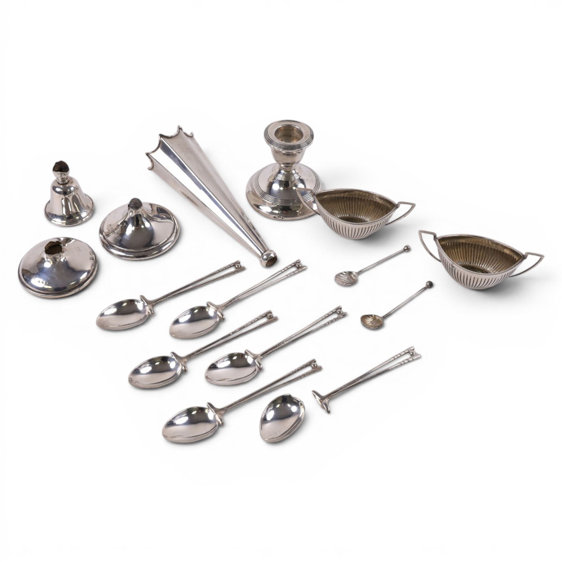 Group of silver, including salts, spoons, candlestick and oddments, all hallmarked