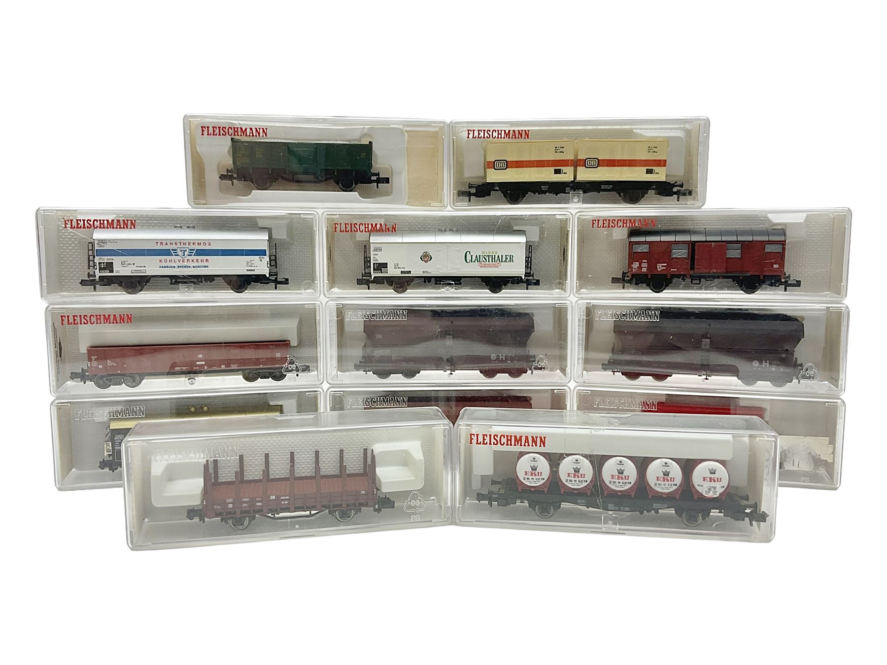 Fleischmann 'N' gauge - thirteen goods wagons Nos.8202K, 8207, 8230, 8234, 8282, 8320, 8327K, 8330, 8343K, 8517K, 868523K, 852402K & 852403K; all boxed (13)