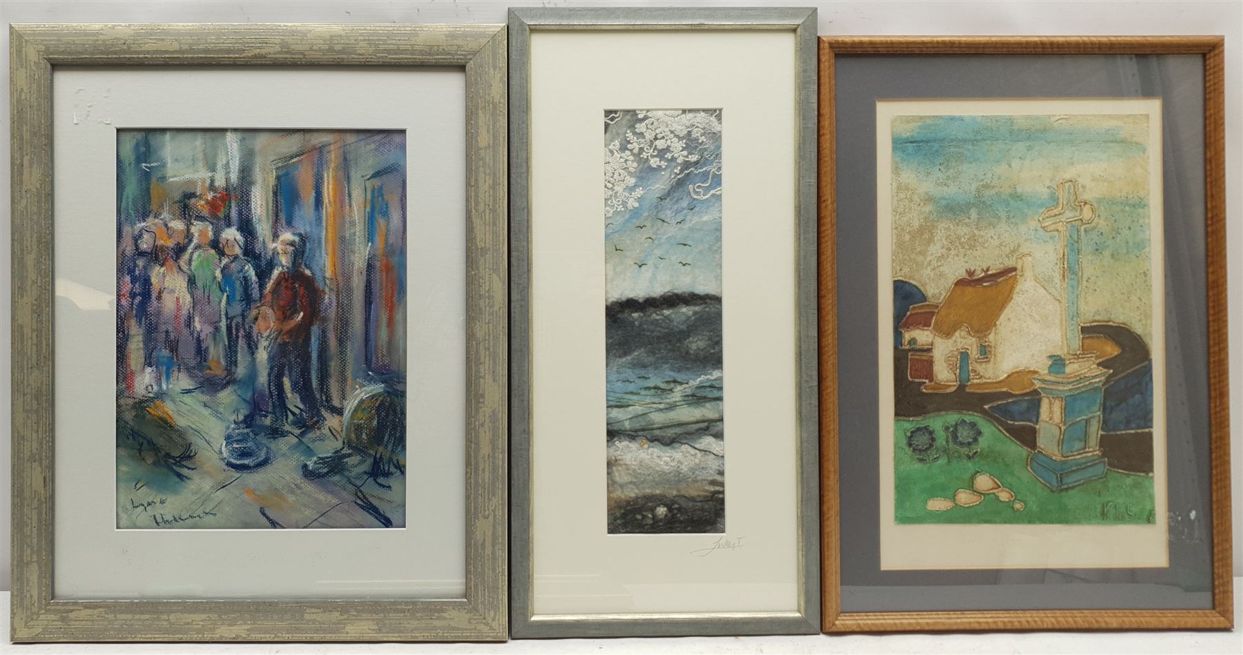 Lynne Herkmen (Northern British Contemporary): 'Busker in York', pastel signed, titled on label verso 34cm x 24cm; Lindsey Tyson (British Contemporary): Seagulls and Fish, textile collage signed on the mount 36cm x 10cm; Jean-Luc Sailla (Contemporary): Violin Abstract, watercolour signed 16cm x 23cm; French House, mixed media signed with initials 35cm x 22cm (4)