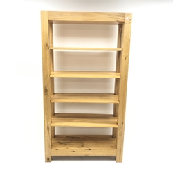 Light oak 6’ open bookcase, curved sides, W100cm, D41cm, H196cm