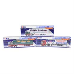 Three Corgi Hauliers of Renown Eddie Stobart 1:50 scale diecast model lorries, comprising CC15508 Volvo F10 Curatinside, CC13826 Mercedes Actros Fridge Trailer and CC13754 Scania R Facelift Box Step Frame Trailer, all boxed