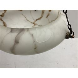 Art Deco style frosted glass marbled fly catcher light shade, suspended by three chains, D31cm