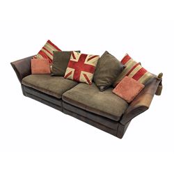 Knowle style grand drop arm sofa, upholstered in antique tan leather and fabric with contrasting scatter cushions