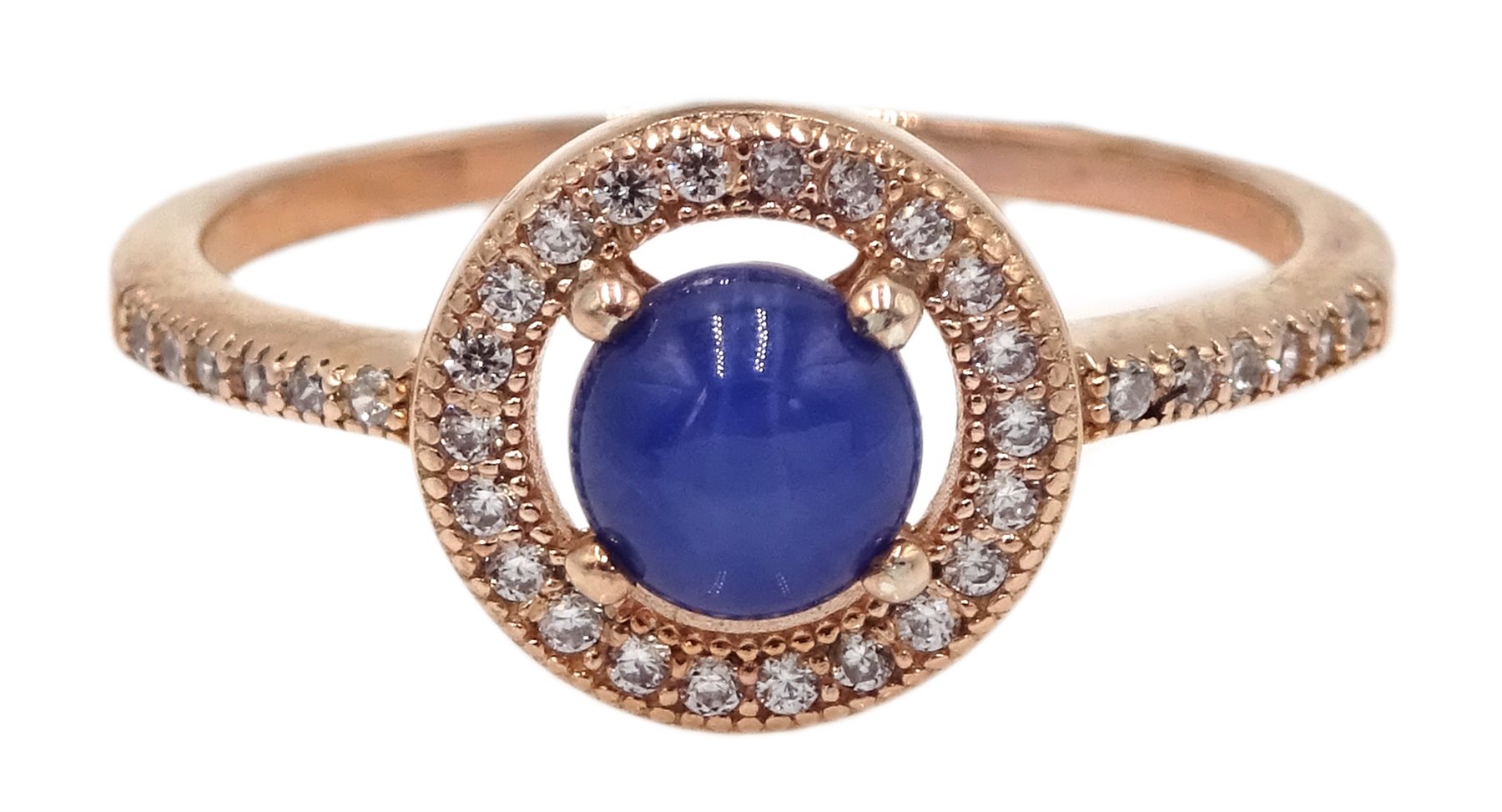 Rose gold on silver star sapphire and cubic zirconia halo ring, stamped 925 Jewellery, Watches