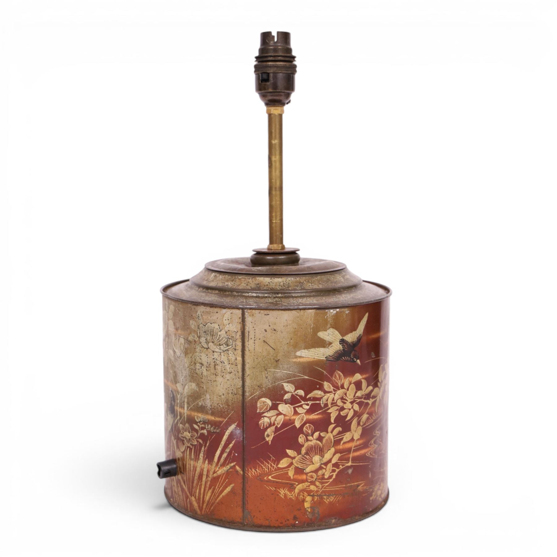19th century - S. Parkinson & Son of Doncaster, toleware confectionary tin converted into a lamp, decorated with birds in foliage, with impressed maker's marks beneath, H37cm
