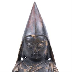 20th century bronzed Tibetan figure Tsongkhapa, seated upon a double lotus leaf, H30cm