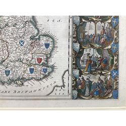 Johannes Blaeu (Dutch 1571-1638): 'Britannia Prout Divisa fuit Temporibus Anglo-Saxonum Praesertim Durante Illorum Heptarchia' (Britain as it was Divided During the Anglo-Saxon Times), engraved map of the British Isles with hand colouring and 14 Dutch style miniature vignettes depicting kings and scenes from Saxon history - the left border contains portraits of the earliest kings the right shows later kings in the process of conversion to Christianity, pub. c.1645, 42cm x 53cm