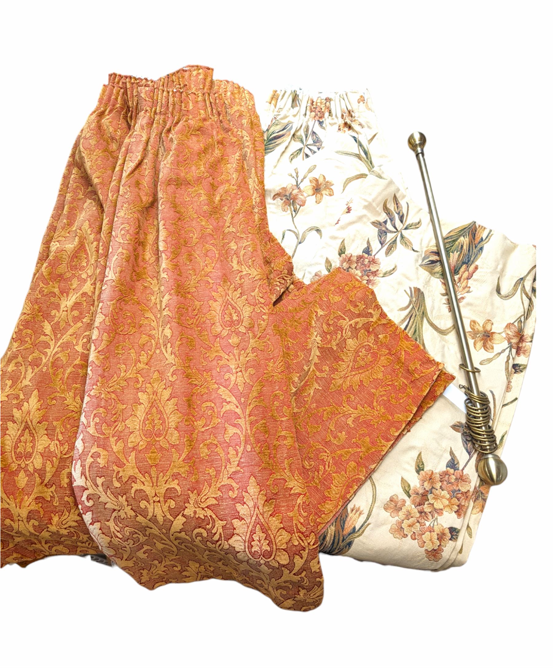 Two pairs of matching John Lewis lined chenille curtains, each curtain 183cm drop x 163cm wide and 135cm drop x 163cm wide; quality single door curtain 206cm drop x 190cm wide and an adjustable rail