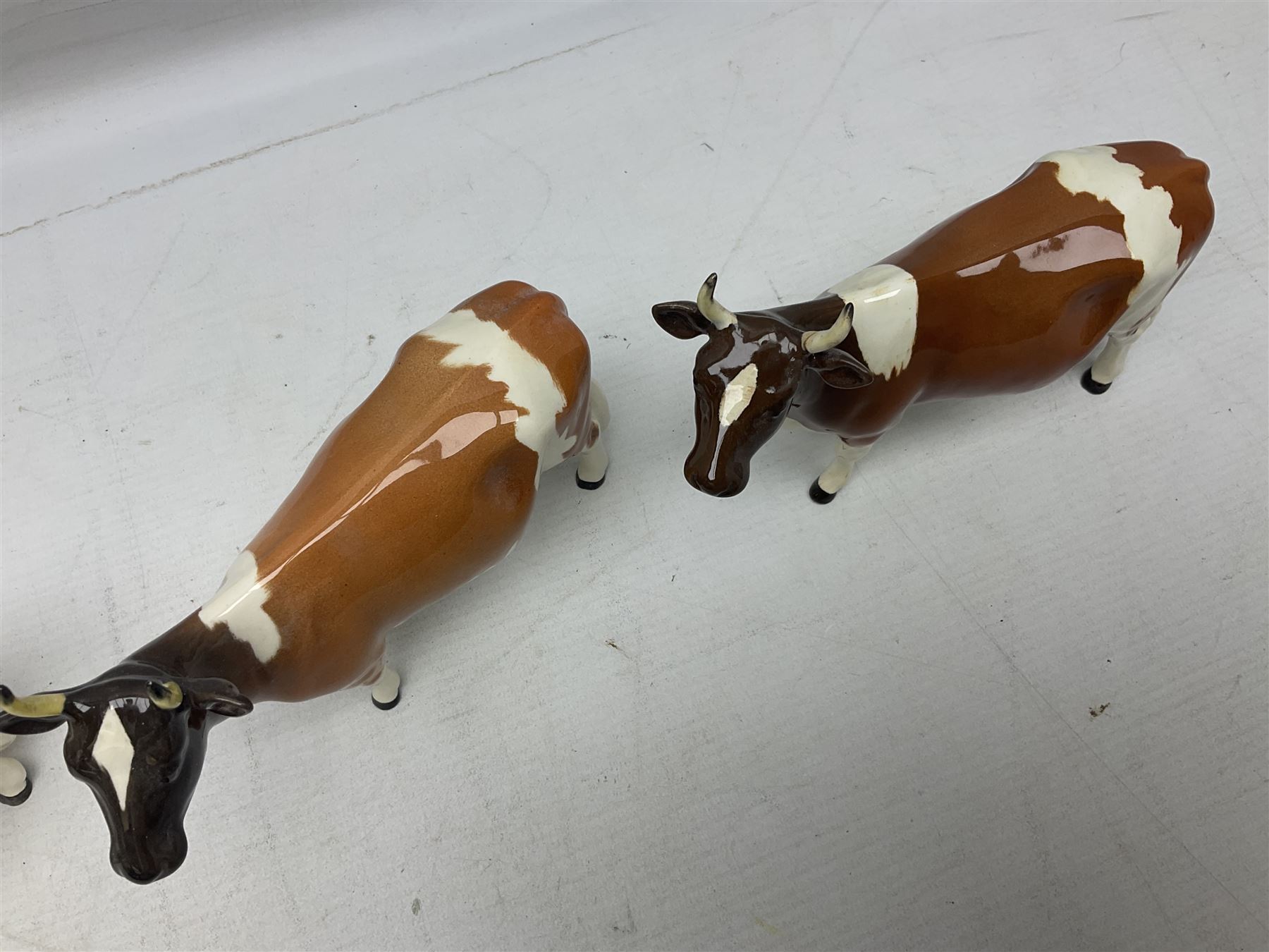 Five Beswick figures of cattle Comprising Ayrshire Bull Ch Whitehill Mandate, no 1454B, three Ayrshire Cow Ch Ickham Bessie, no 1350 and Ayrshire Calf, no 1249B, all with printed marks beneath
