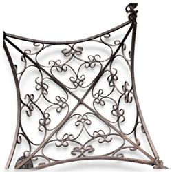 Three wrought iron garden basket planters, comprising a circular pierced and scrolling basket on tall tripod stand with scrolling supports (W31cm H76cm), and a pair of matching hanging baskets (W37cm H30cm)