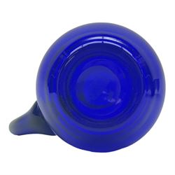 19th century Bristol blue glass jug, the baluster body with simple loop handle, together with a double lipped rinser, jug H14cm