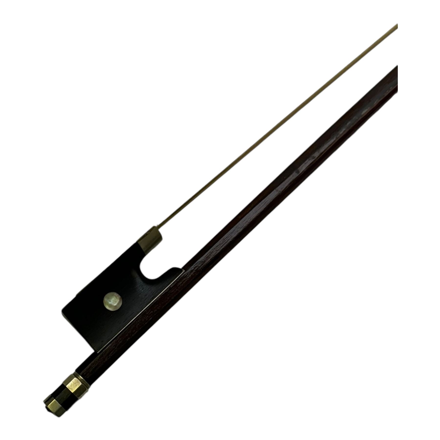 19th century full size violin in a hard case with bow. Length 60cm, scroll with ebonised pegs and fingerboard, with tailpiece and bridge.