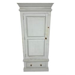 Painted pine single wardrobe, projecting cornice over panelled door, fitted with single drawer to base
