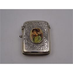 1920s silver vesta case, of typical form with engraved foliate decoration and ceramic oval plaque to front depicting a young woman, hallmarked G F Westwood & Sons, Birmingham 1921, H5.2cm