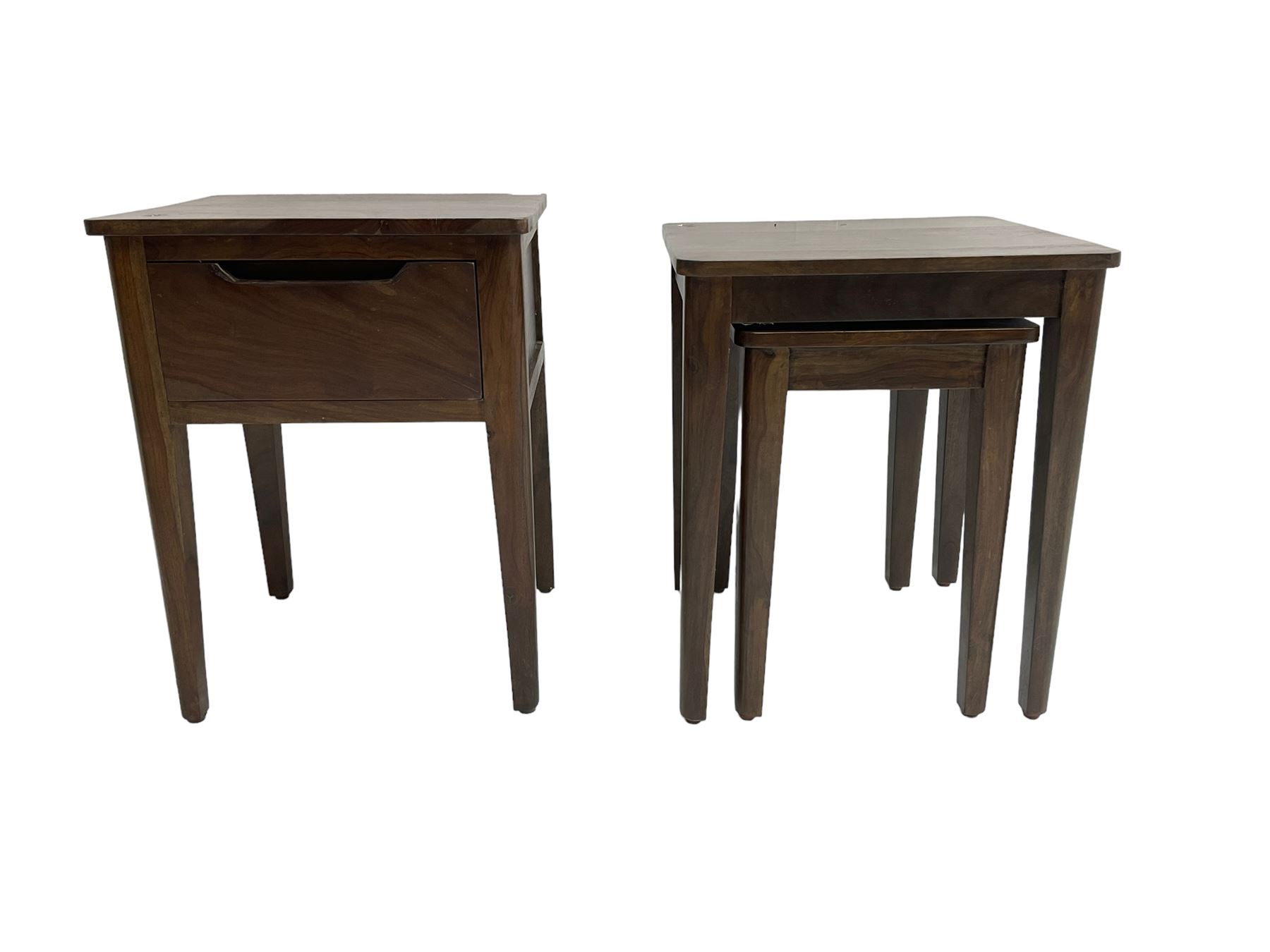 Hardwood side table, fitted with single drawer (W45cm D40cm H60); and matching nest of two tables (W46cm D43cm H55cm)