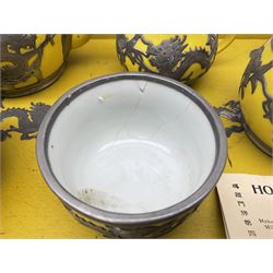 Chinese Hor Chung Wei Hai Wei tea set five pieces, bound by figurative pewter upon a decoration tray