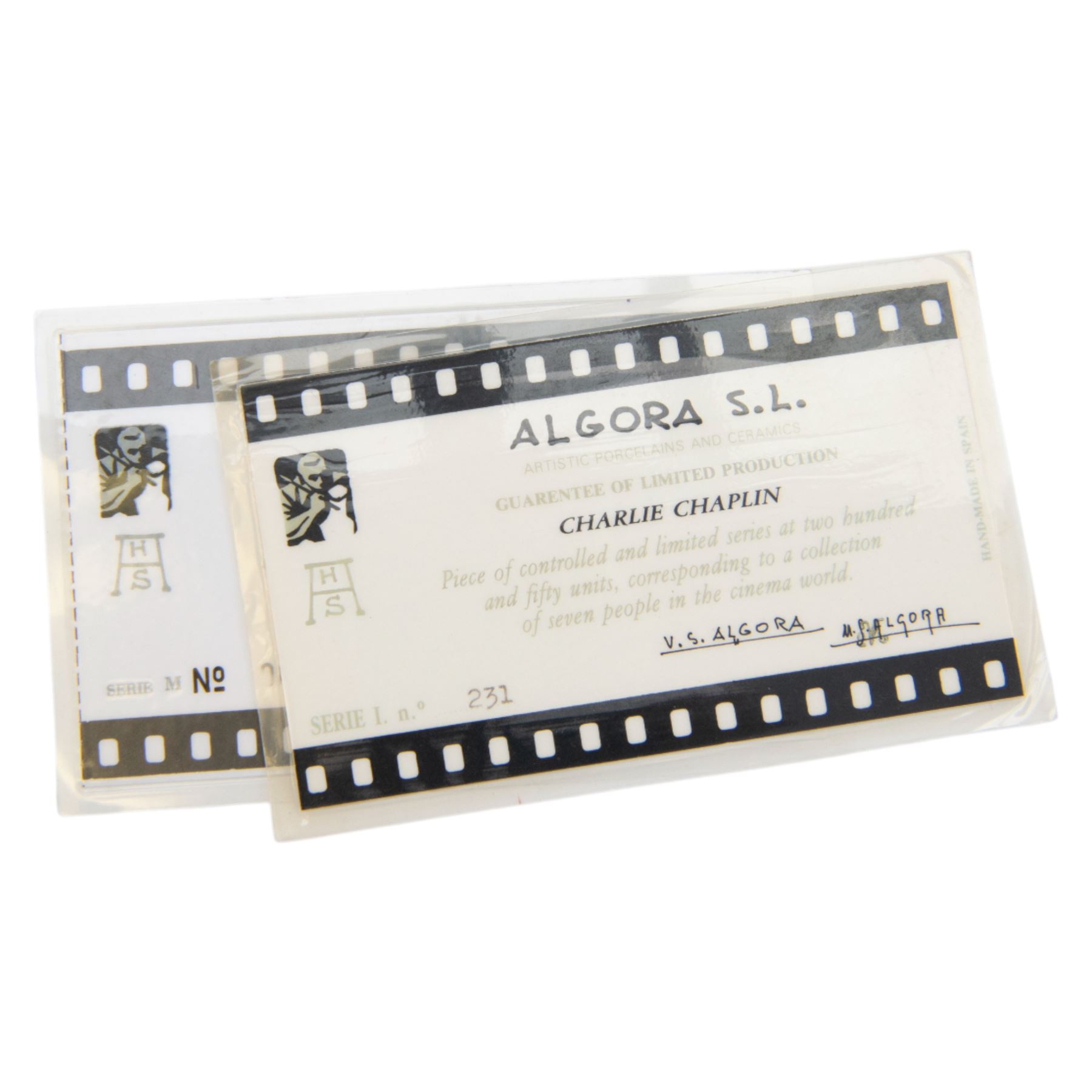Two Spanish Algora Personajes Del Cine figures, modelled as Charlie Chaplin and Groucho Marx, with printed marks beneath, both with certificates of authenticity, H35cm