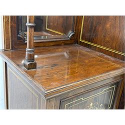 Victorian hardwood and inlaid display cabinet, central breakfront glazed display with astragal glazing and mirror back, flanked by mirrored alcoves with turned supports, below foliate and scrolling marquetry panels enclosing cupboard doors, shaped open shelves with turned supports beneath, on tapered and spade feet