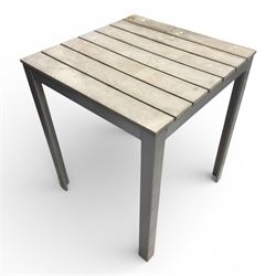 Three aluminium and wood garden tables