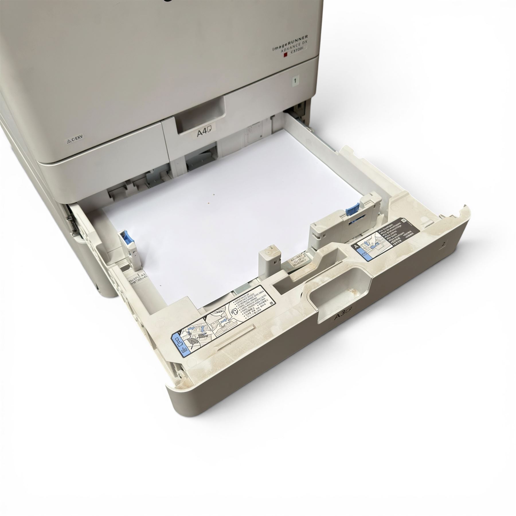 Canon Image Runner Advance DX C3720i multifunction laser printer, floor standing with two trays, A3 and A4, copier and scanner with auto feed and manual, base storage cupboard, with spare toner