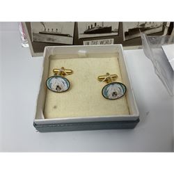 Studio Danielle Old English Sheepdog jewellery including two pairs of cufflinks, necklace and pin, together with similar belt buckle, hardstone tetradecahedron paperweight, postcards and an Imperial War Museum Falklands Conflict coin