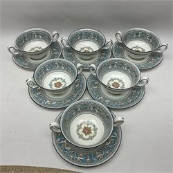 Six Wedgwood Florentine pattern twin handled soup bowls and saucers 
