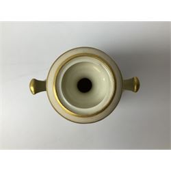 Early 20th century Royal Worcester vase decorated by Harry Davis, of ovoid form with twin acanthus mounted handles and waisted high neck supporting a domed cover, upon a circular foot, the body hand painted with sheep in a highland landscape, signed H Davis, with puce printed marks beneath including shape number 2425, and date code for 1907, H27.5cm