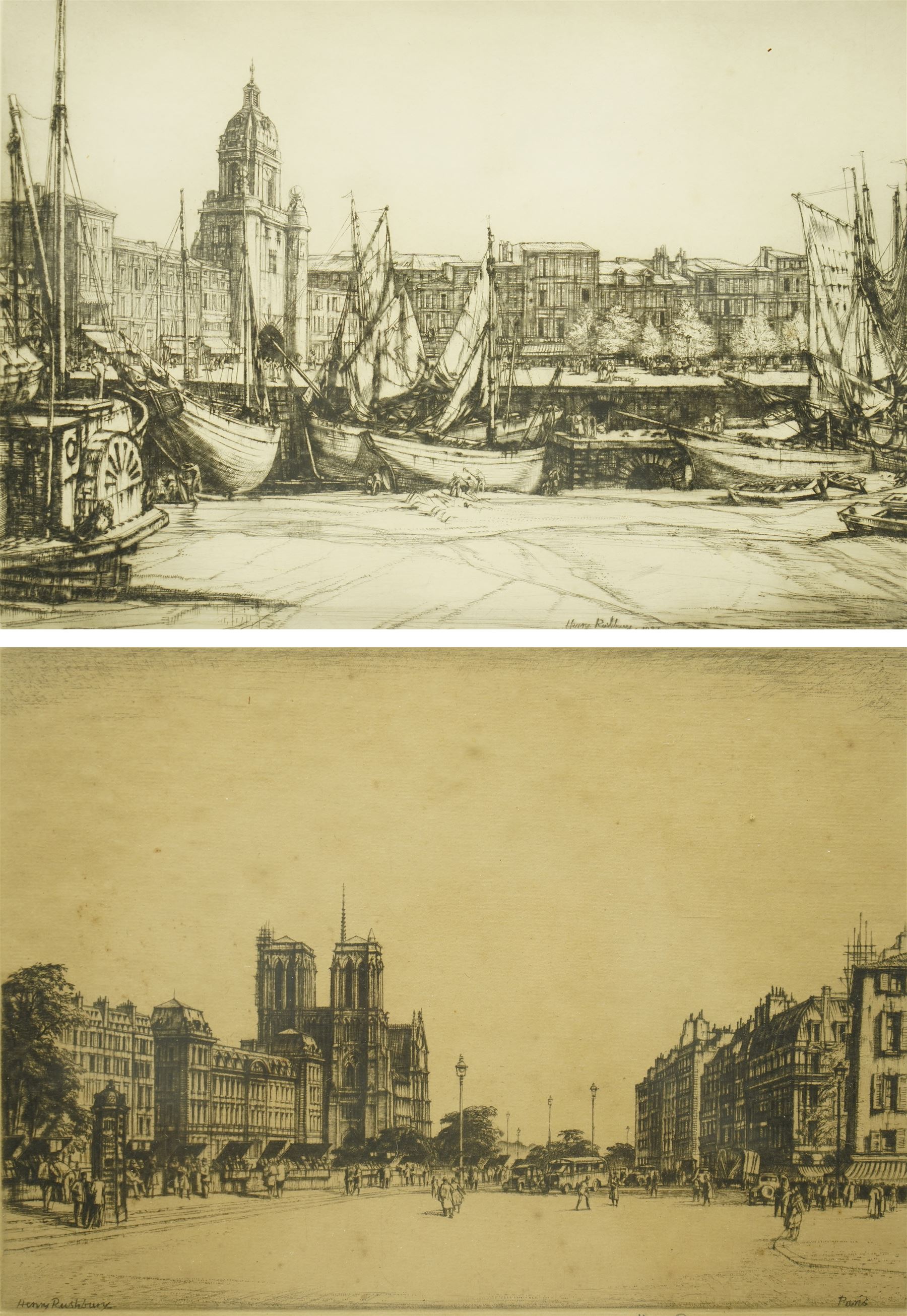 Henry Rushbury (British 1889-1968): 'Paris' and 'Low Tide - La Rochelle', two etchings signed in pencil max 25cm x 34cm (2)